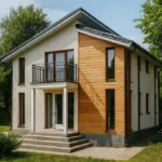 Проект дома «С-169» из СИП-панелей, 169 м² — двухэтажный дом с белым и деревянным фасадом, серой крышей и балконом | HotWell.KZ