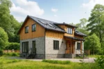 Проект дома «С-169Б» из СИП-панелей, 169 м² — двухэтажный дом с серым каменным фасадом, деревянной отделкой и черной крышей | HotWell.KZ