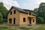 Дом «С-169Б», 169 м², 1.5 этажа, в черновой отделке: коробка из СИП-панелей OSB-3, двускатная кровля из металлочерепицы, проёмы без окон и дверей, в проёмах видны сосновые балки перекрытия