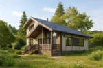 Проект дома «С-170» из СИП-панелей, 170 м² — двухэтажный дом с бежевым фасадом, синей крышей и террасой | HotWell.KZ