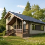 Проект дома «С-170Б» из СИП-панелей, 170 м² — двухэтажный дом с бежевым фасадом, синей крышей и террасой | HotWell.KZ