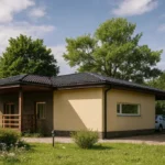 Проект дома «С-171» из СИП-панелей, 171 м² — одноэтажный дом с бежевым фасадом, черной крышей и крытой террасой | HotWell.KZ