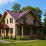 Проект дома «С-173» из СИП-панелей, 173 м² — двухэтажный дом с бежевым фасадом, коричневой крышей и крытой террасой | HotWell.KZ