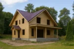 Дом «С-173», 173 м², 1.5 этажа, в черновой отделке: коробка из СИП-панелей OSB-3, двускатная кровля из металлочерепицы, проёмы без окон и дверей, в проёмах видны сосновые балки перекрытия