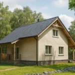 Проект дома «С-176» из СИП-панелей, 176 м² — двухэтажный дом с бежевым фасадом, серой крышей и террасой | HotWell.KZ