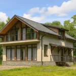 Проект дома «С-176Б» из СИП-панелей, 176 м² — двухэтажный дом с серым фасадом, черной крышей и балконом | HotWell.KZ