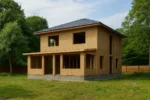 Дом «С-180», 180 м², 2 этажа, в черновой отделке: коробка из СИП-панелей OSB-3, вальмовая кровля из металлочерепицы, проёмы без окон и дверей, в проёмах видны сосновые балки перекрытия