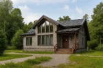 Проект дома «С-180Б» из СИП-панелей, 180 м² — одноэтажный дом с серым фасадом, черной крышей и панорамными окнами | HotWell.KZ