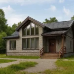 Проект дома «С-180Б» из СИП-панелей, 180 м² — одноэтажный дом с серым фасадом, черной крышей и панорамными окнами | HotWell.KZ