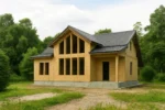 Дом «С-180Б», 180 м², 1.5 этажа, в черновой отделке: коробка из СИП-панелей OSB-3, двускатная кровля из металлочерепицы, проёмы без окон и дверей, в проёмах видны сосновые балки перекрытия