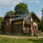 Проект дома «С-180В» из СИП-панелей, 180 м² — двухэтажный дом с кирпичным фасадом, зелёной крышей и балконом | HotWell.KZ