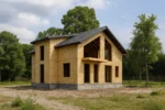 Дом «С-180В», 180 м², 1.5 этажа, в черновой отделке: коробка из СИП-панелей OSB-3, двускатная кровля из металлочерепицы, проёмы без окон и дверей, в проёмах видны сосновые балки перекрытия