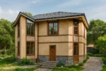 Проект дома «С-181» из СИП-панелей, 181 м² — двухэтажный дом с бежевым фасадом, серой крышей и панорамными окнами | HotWell.KZ