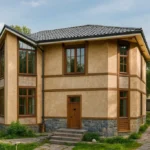 Проект дома «С-181» из СИП-панелей, 181 м² — двухэтажный дом с бежевым фасадом, серой крышей и панорамными окнами | HotWell.KZ