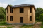 Дом «С-181», 181 м², 2 этажа, в черновой отделке: коробка из СИП-панелей OSB-3, вальмовая кровля из металлочерепицы, проёмы без окон и дверей, в проёмах видны сосновые балки перекрытия