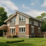Проект дома «С-181Б» из СИП-панелей, 181 м² — двухэтажный дом с кирпичным фасадом, серой крышей и террасой | HotWell.KZ