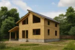 Дом «С-181Б», 181 м², 1.5 этажа, в черновой отделке: коробка из СИП-панелей OSB-3, двускатная кровля из металлочерепицы, проёмы без окон и дверей, в проёмах видны сосновые балки перекрытия