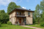 Проект дома «С-184» из СИП-панелей, 184 м² — двухэтажный дом с бежевым фасадом, серой крышей и балконом | HotWell.KZ