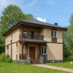 Проект дома «С-184» из СИП-панелей, 184 м² — двухэтажный дом с бежевым фасадом, серой крышей и балконом | HotWell.KZ