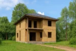 Дом «С-184», 184 м², 2 этажа, в черновой отделке: коробка из СИП-панелей OSB-3, вальмовая кровля из металлочерепицы, проёмы без окон и дверей, в проёмах видны сосновые балки перекрытия