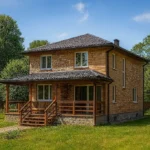 Проект дома «С-185» из СИП-панелей, 185 м² — двухэтажный дом с каменным фасадом, серой крышей и крытой террасой | HotWell.KZ