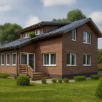Проект дома «С-186» из СИП-панелей, 186 м² — двухэтажный дом с кирпичным фасадом, серой крышей и крыльцом | HotWell.KZ