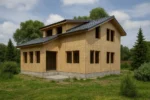 Дом «С-186», 186 м², 1.5 этажа, в черновой отделке: коробка из СИП-панелей OSB-3, двускатная кровля из металлочерепицы, проёмы без окон и дверей, в проёмах видны сосновые балки перекрытия