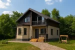 Проект дома «С-187» из СИП-панелей, 187 м² — двухэтажный дом с бежевым фасадом, коричневой крышей и балконом | HotWell.KZ