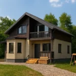 Проект дома «С-187» из СИП-панелей, 187 м² — двухэтажный дом с бежевым фасадом, коричневой крышей и балконом | HotWell.KZ