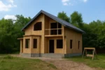 Дом «С-187», 187 м², 1.5 этажа, в черновой отделке: коробка из СИП-панелей OSB-3, двускатная кровля из металлочерепицы, проёмы без окон и дверей, в проёмах видны сосновые балки перекрытия