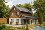 Проект дома «С-192Б» из СИП-панелей, 192 м² — двухэтажный дом с деревянным фасадом, серой крышей и панорамными окнами | HotWell.KZ