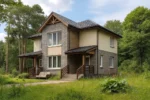 Проект дома «С-192В» из СИП-панелей, 192 м² — двухэтажный дом с серым фасадом, черной крышей и крыльцом | HotWell.KZ