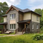 Проект дома «С-192В» из СИП-панелей, 192 м² — двухэтажный дом с серым фасадом, черной крышей и крыльцом | HotWell.KZ
