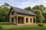 Дом «С-194», 194 м², 1.5 этажа, в черновой отделке: коробка из СИП-панелей OSB-3, двускатная кровля из металлочерепицы, проёмы без окон и дверей, в проёмах видны сосновые балки перекрытия