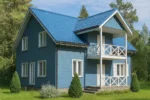 Проект дома «С-196» из СИП-панелей, 196 м² — двухэтажный дом с синим фасадом, синей крышей и балконом | HotWell.KZ