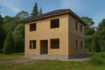 Дом «С-197», 197 м², 2 этажа, в черновой отделке: коробка из СИП-панелей OSB-3, вальмовая кровля из металлочерепицы, проёмы без окон и дверей, в проёмах видны сосновые балки перекрытия