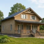 Проект дома «С-199В» из СИП-панелей, 199 м² — двухэтажный дом с бежевым фасадом, серой крышей и террасой | HotWell.KZ