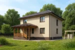 Проект дома «С-200» из СИП-панелей, 200 м² — двухэтажный дом с бежевым фасадом, коричневой крышей и крытым крыльцом | HotWell.KZ