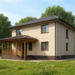 Проект дома «С-200» из СИП-панелей, 200 м² — двухэтажный дом с бежевым фасадом, коричневой крышей и крытым крыльцом | HotWell.KZ