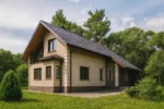Проект дома «С-203» из СИП-панелей, 203 м² — двухэтажный дом с бежевым фасадом, черной крышей и балконом | HotWell.KZ