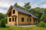 Дом «С-203», 192 м², 1.5 этажа, в черновой отделке: коробка из СИП-панелей OSB-3, двускатная кровля из металлочерепицы, проёмы без окон и дверей, в проёмах видны сосновые балки перекрытия