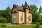 Проект дома «С-205» из СИП-панелей, 205 м² — двухэтажный дом с бежевым фасадом, коричневой крышей и панорамными окнами | HotWell.KZ