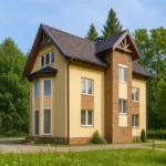 Проект дома «С-205» из СИП-панелей, 205 м² — двухэтажный дом с бежевым фасадом, коричневой крышей и панорамными окнами | HotWell.KZ