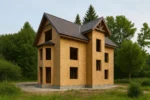 Дом «С-205», 205 м², 2.5 этажа, в черновой отделке: коробка из СИП-панелей OSB-3, двускатная кровля из металлочерепицы, проёмы без окон и дверей, в проёмах видны сосновые балки перекрытия
