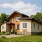 Проект дома «С-217» из СИП-панелей, 217 м² — двухэтажный дом с бежевым фасадом, коричневой крышей и крыльцом | HotWell.KZ