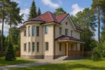 Проект дома «С-272» из СИП-панелей, 272 м² — двухэтажный дом с бежевым фасадом, красной крышей и террасой | HotWell.KZ