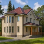 Проект дома «С-272» из СИП-панелей, 272 м² — двухэтажный дом с бежевым фасадом, красной крышей и террасой | HotWell.KZ