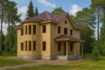 Дом «С-272», 272 м², 2 этажа, в черновой отделке: коробка из СИП-панелей OSB-3, вальмовая кровля из металлочерепицы, проёмы без окон и дверей, в проёмах видны сосновые балки перекрытия