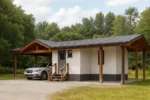 Проект дома «С-30» из СИП-панелей, 30 м² — одноэтажный дом с белым фасадом, серой крышей и навесом | HotWell.KZ