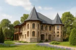 Проект дома «С-335» из СИП-панелей, 335 м² — двухэтажный дом с каменным фасадом, серой крышей и балконом | HotWell.KZ